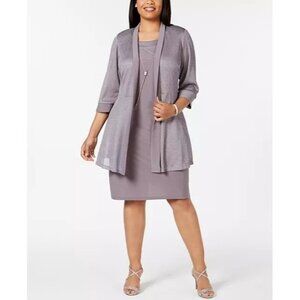 109$ R & M Richards 2-Piece Shift Dress & Metallic Jacket Plus Size 18W Sliver